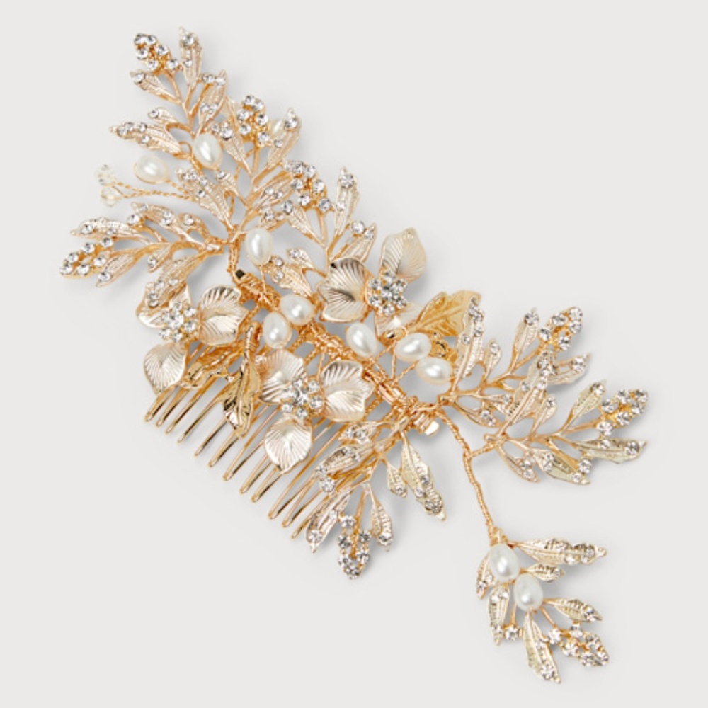 Lulus Romantic Arrangement Gold Rhinestone Pearl Floral Hair Comb